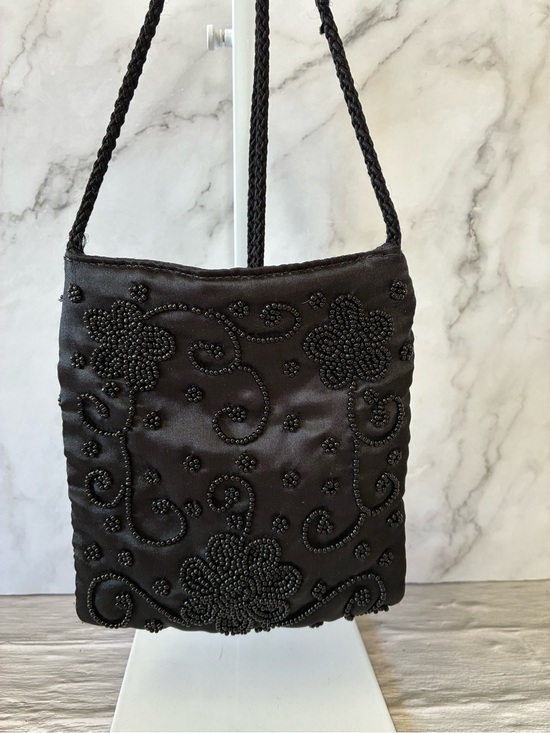 Gloria Vanderbilt Handbags - Gloria Vanderbilt Black Satin Beaded Floral Evening Bag